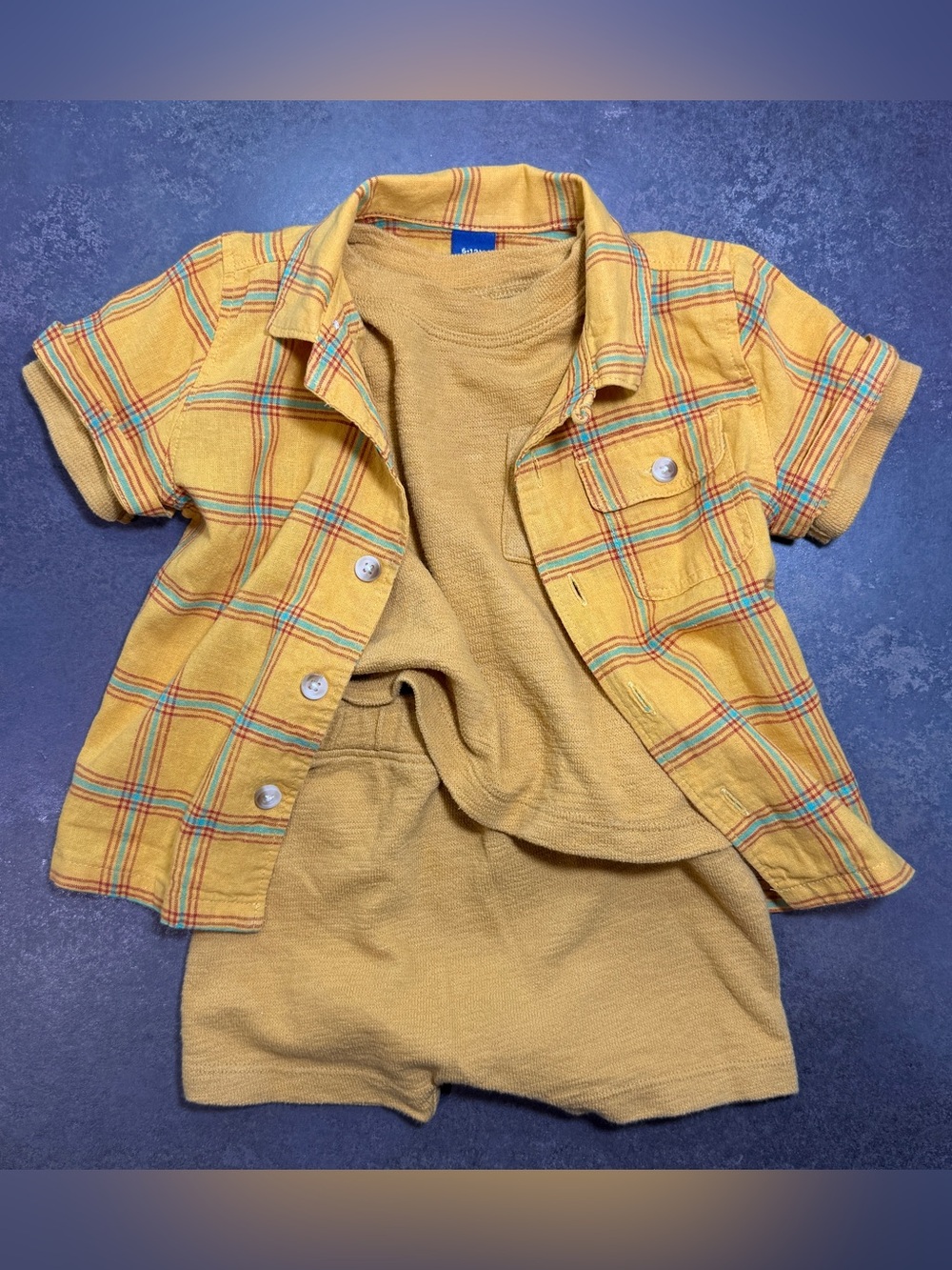 Old Navy 6–12M 3-Piece Outfit Set Mustard Slub Cotton Plaid Button Shirt